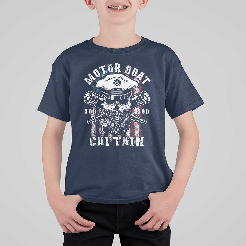 Motor Boat Captain T Shirt For Kid Patriotic American Flag