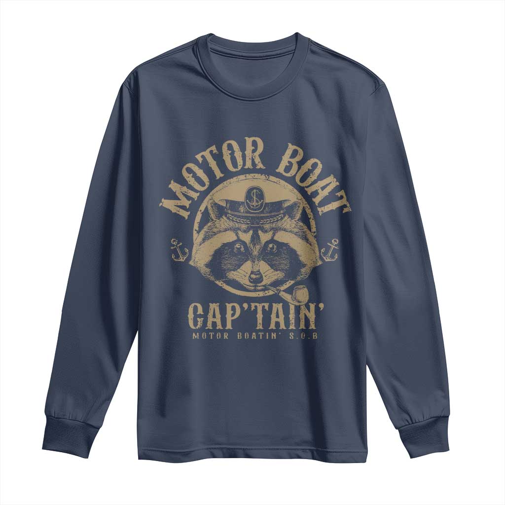 Funny Raccoon Motor Boat Captain Long Sleeve Shirt