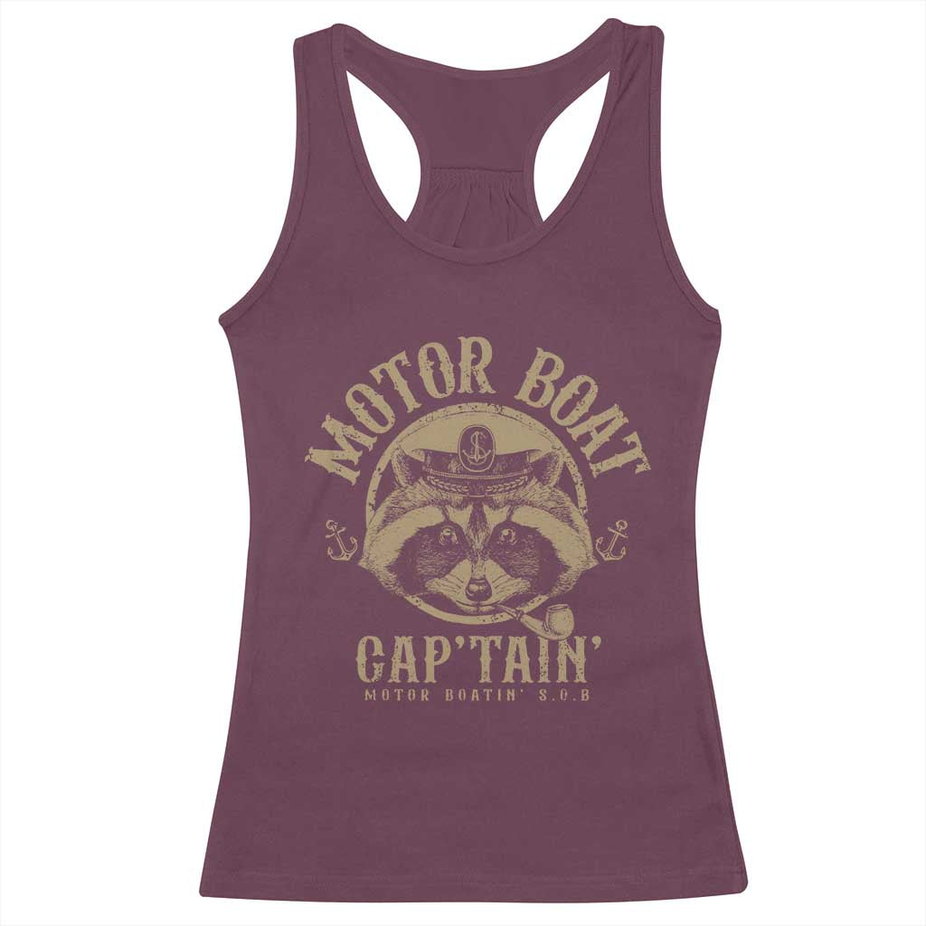 Funny Raccoon Motor Boat Captain Racerback Tank Top