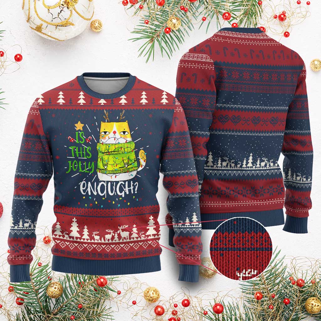 Funny Xmas Cat Ugly Christmas Sweater Is This Jolly Enough Reindeer Angry Cat - Wonder Print Shop