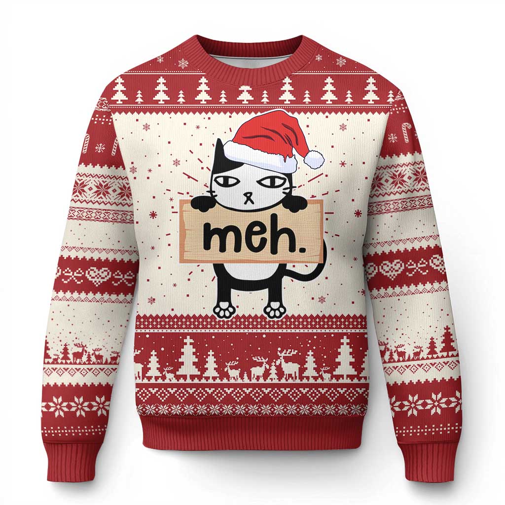 Meh Black Cat Sarcastic Funny Xmas Ugly Christmas Sweater - Wonder Print Shop
