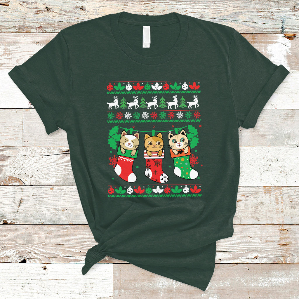 Christmas T Shirt Cute Cat In Sock Merry Catmas - Wonder Print Shop