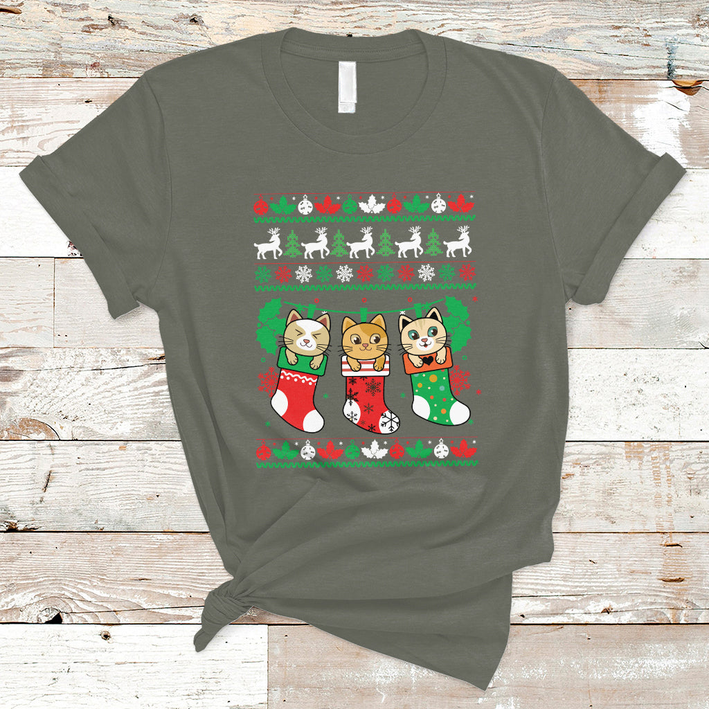 Christmas T Shirt Cute Cat In Sock Merry Catmas - Wonder Print Shop