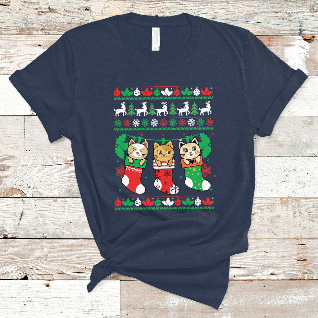 Christmas T Shirt Cute Cat In Sock Merry Catmas - Wonder Print Shop