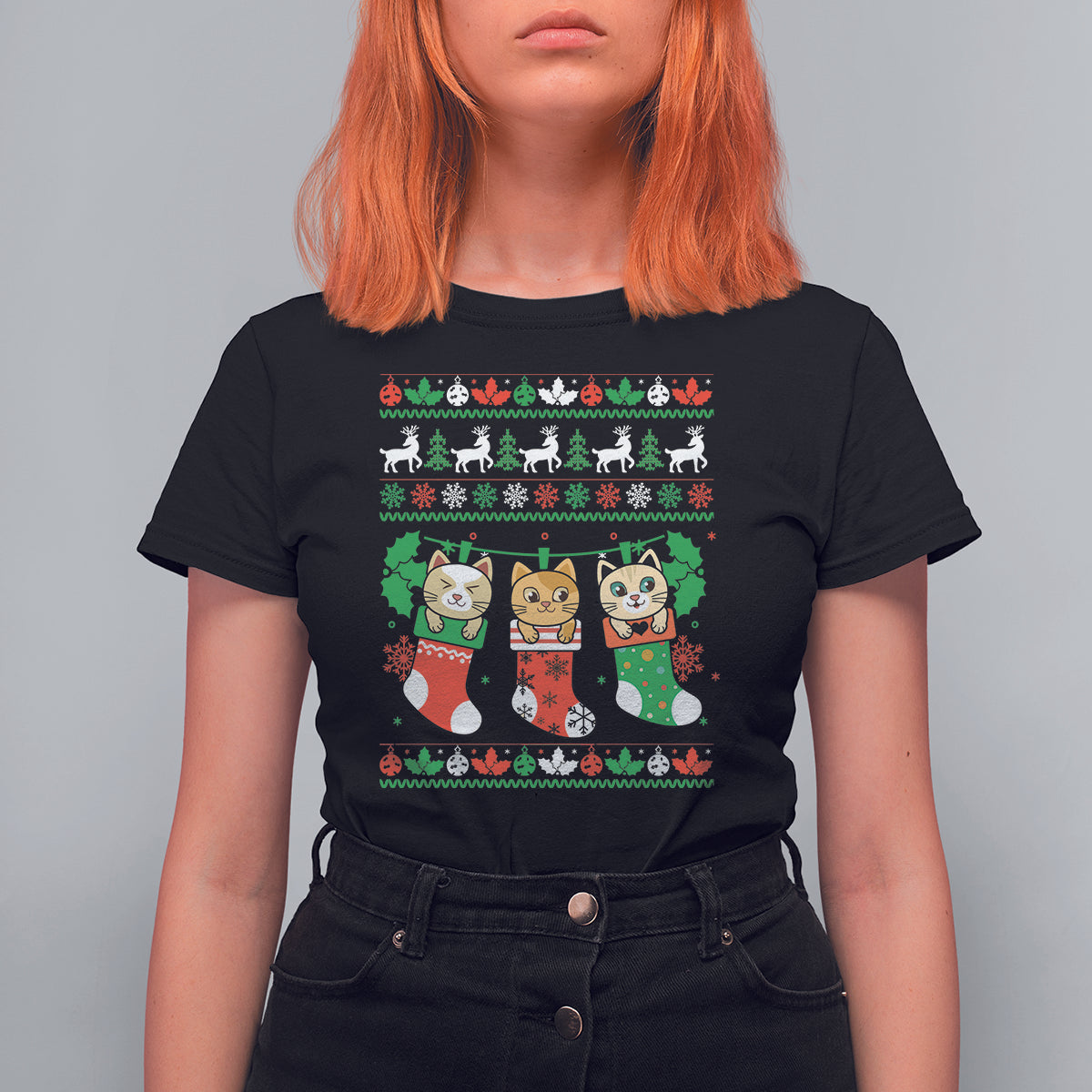 Christmas T Shirt For Women Cute Cat In Sock Merry Catmas - Wonder Print Shop