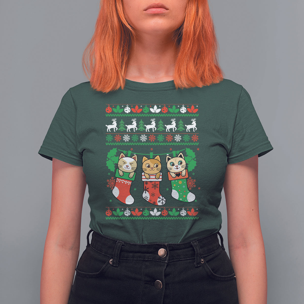 Christmas T Shirt For Women Cute Cat In Sock Merry Catmas - Wonder Print Shop
