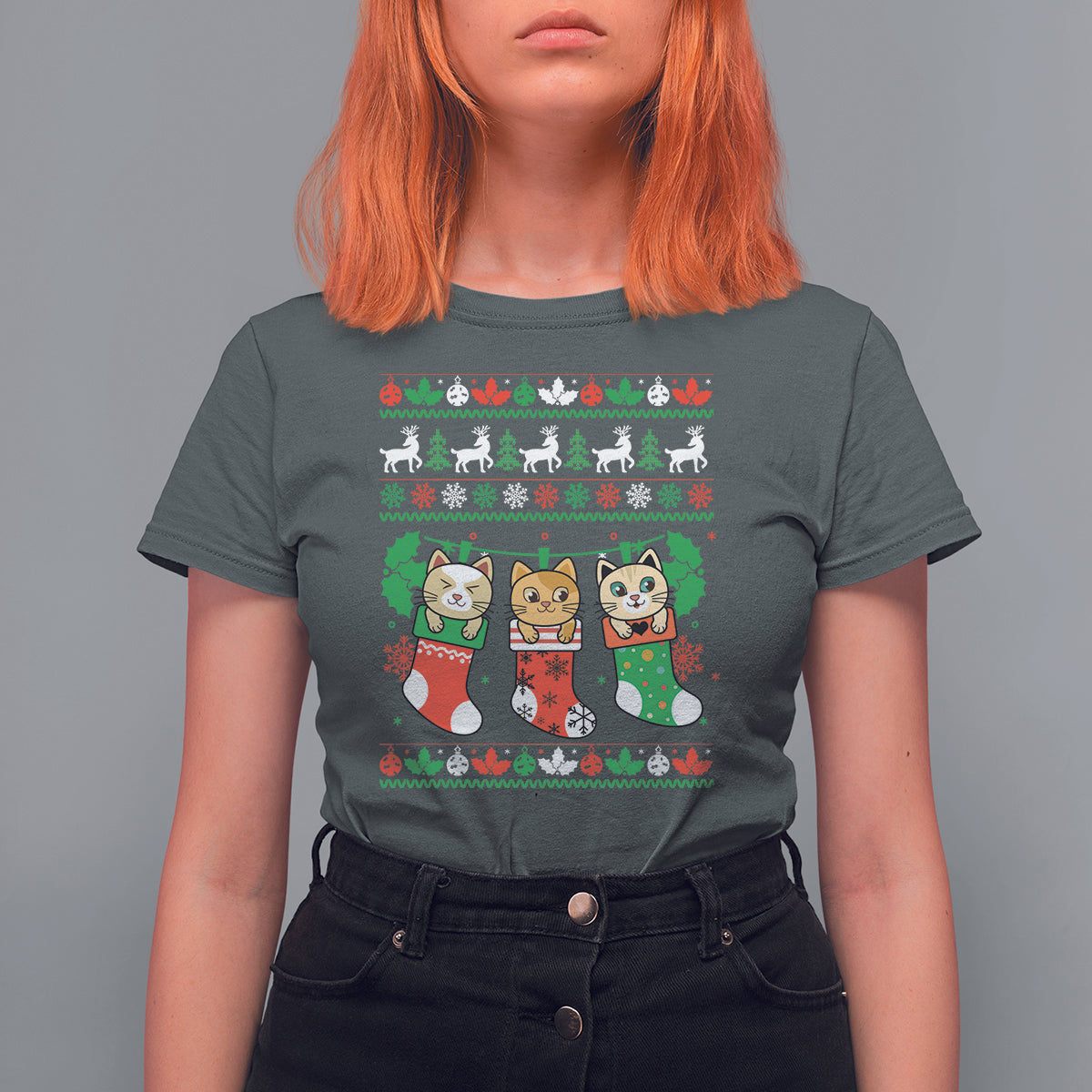 Christmas T Shirt For Women Cute Cat In Sock Merry Catmas - Wonder Print Shop