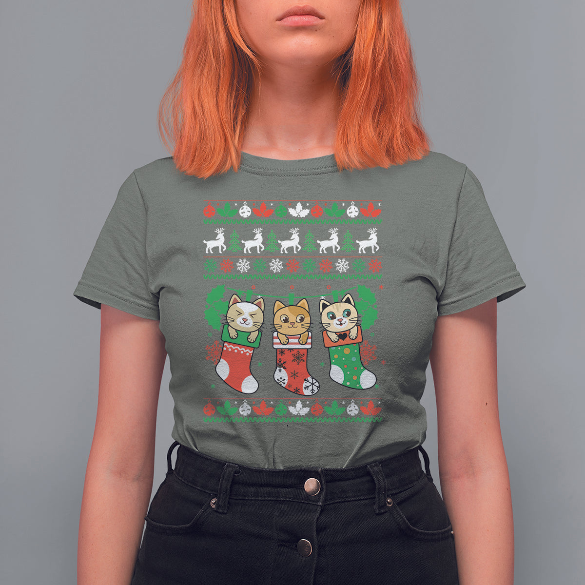 Christmas T Shirt For Women Cute Cat In Sock Merry Catmas - Wonder Print Shop