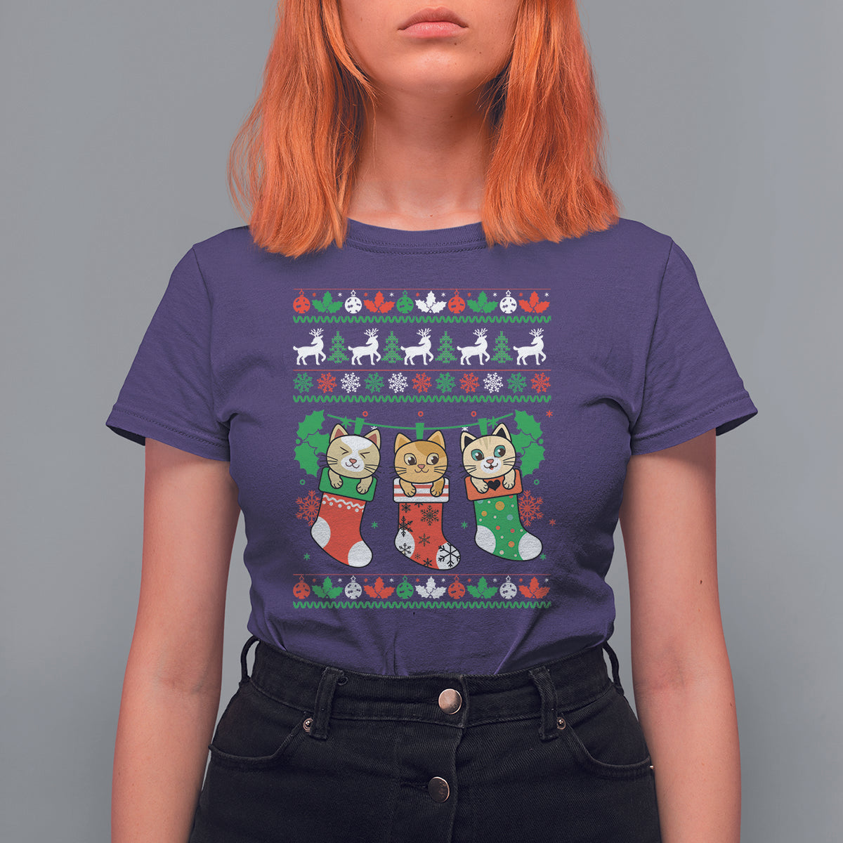 Christmas T Shirt For Women Cute Cat In Sock Merry Catmas - Wonder Print Shop