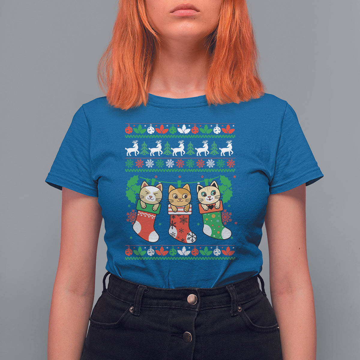 Christmas T Shirt For Women Cute Cat In Sock Merry Catmas - Wonder Print Shop