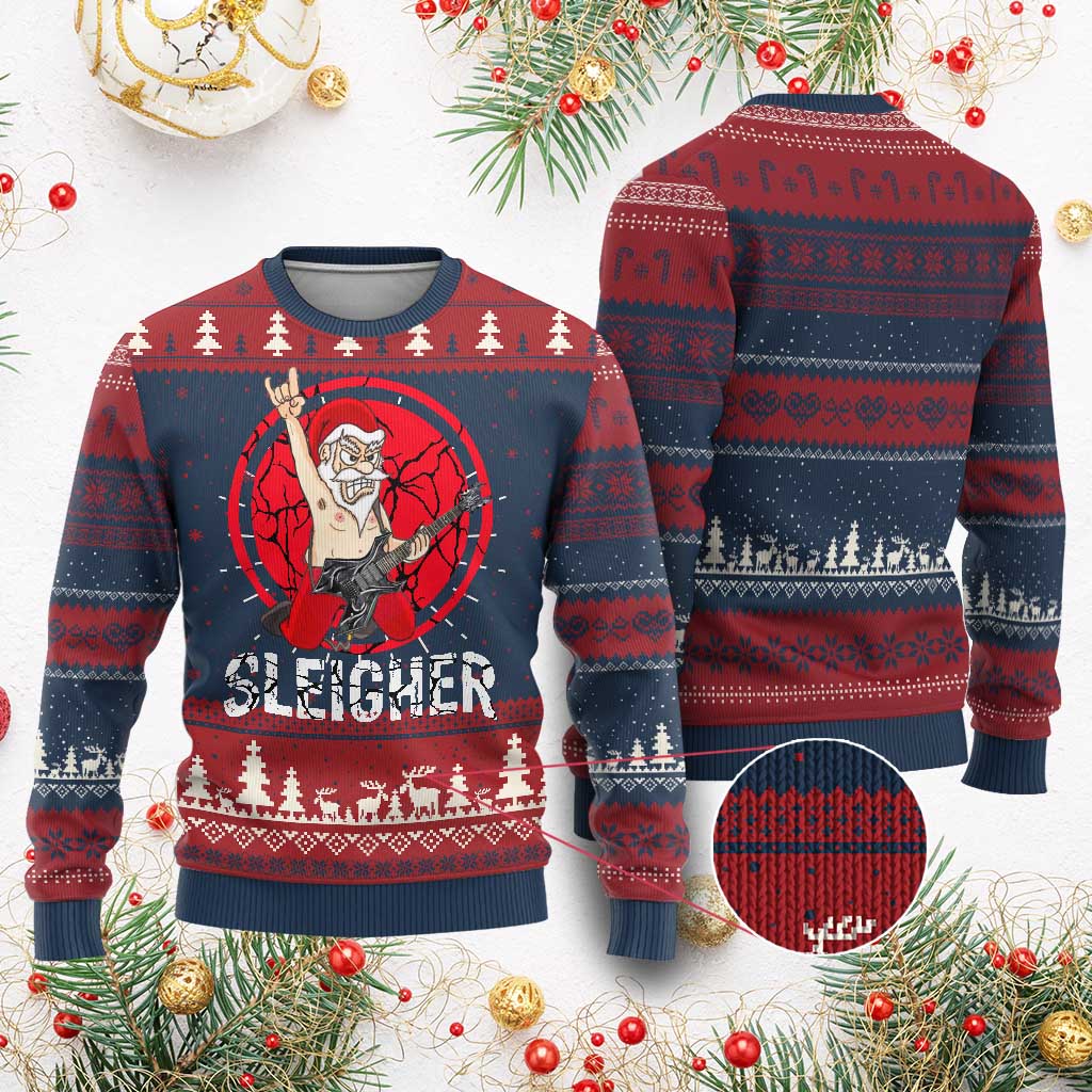 Heavy Mental Ugly Christmas Sweater Sleigher Santa Playing Guitar - Wonder Print Shop