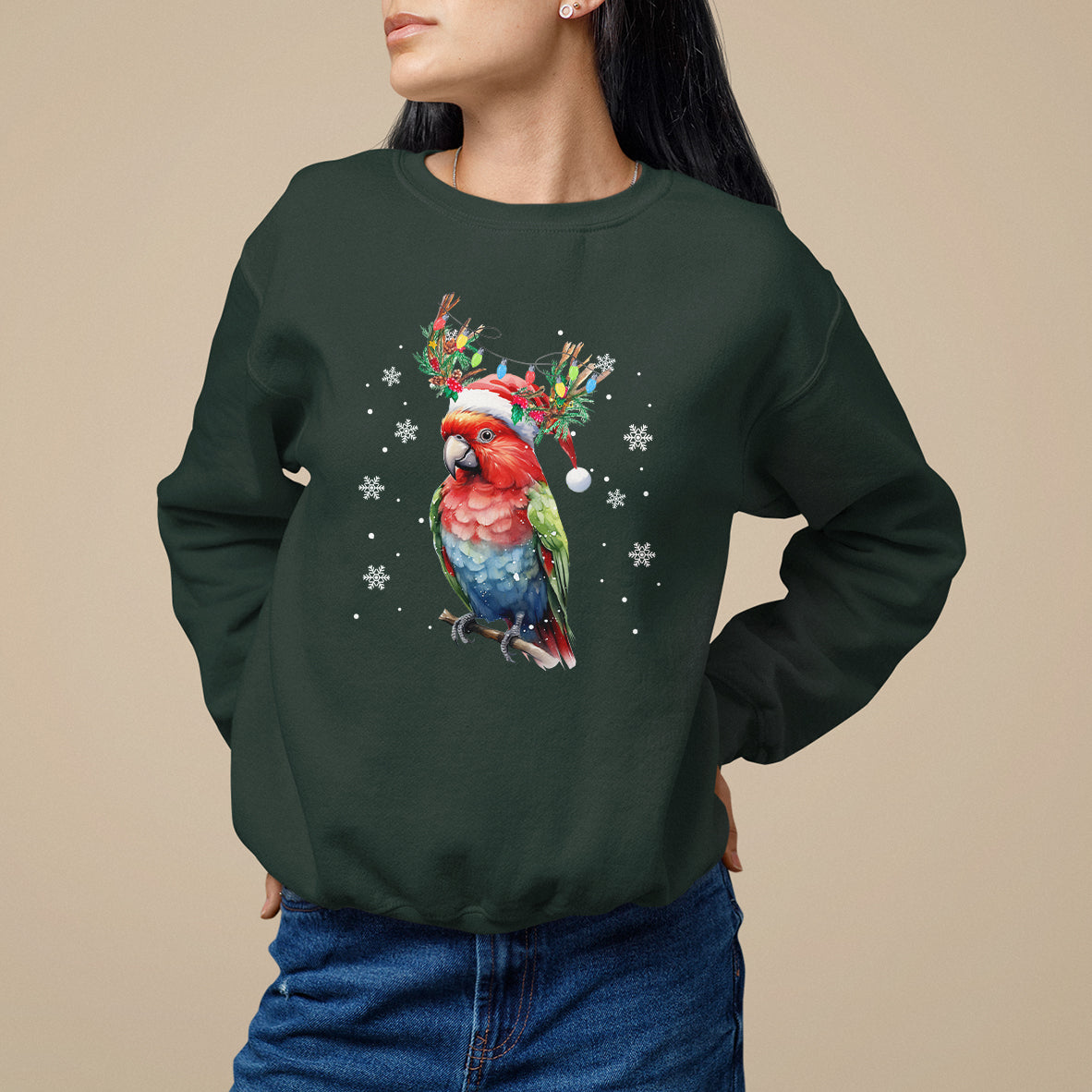 Christmas Sweatshirt Cute Parot Reindeer Santa Hat - Wonder Print Shop