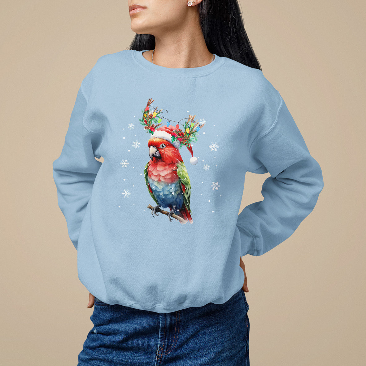 Christmas Sweatshirt Cute Parot Reindeer Santa Hat - Wonder Print Shop