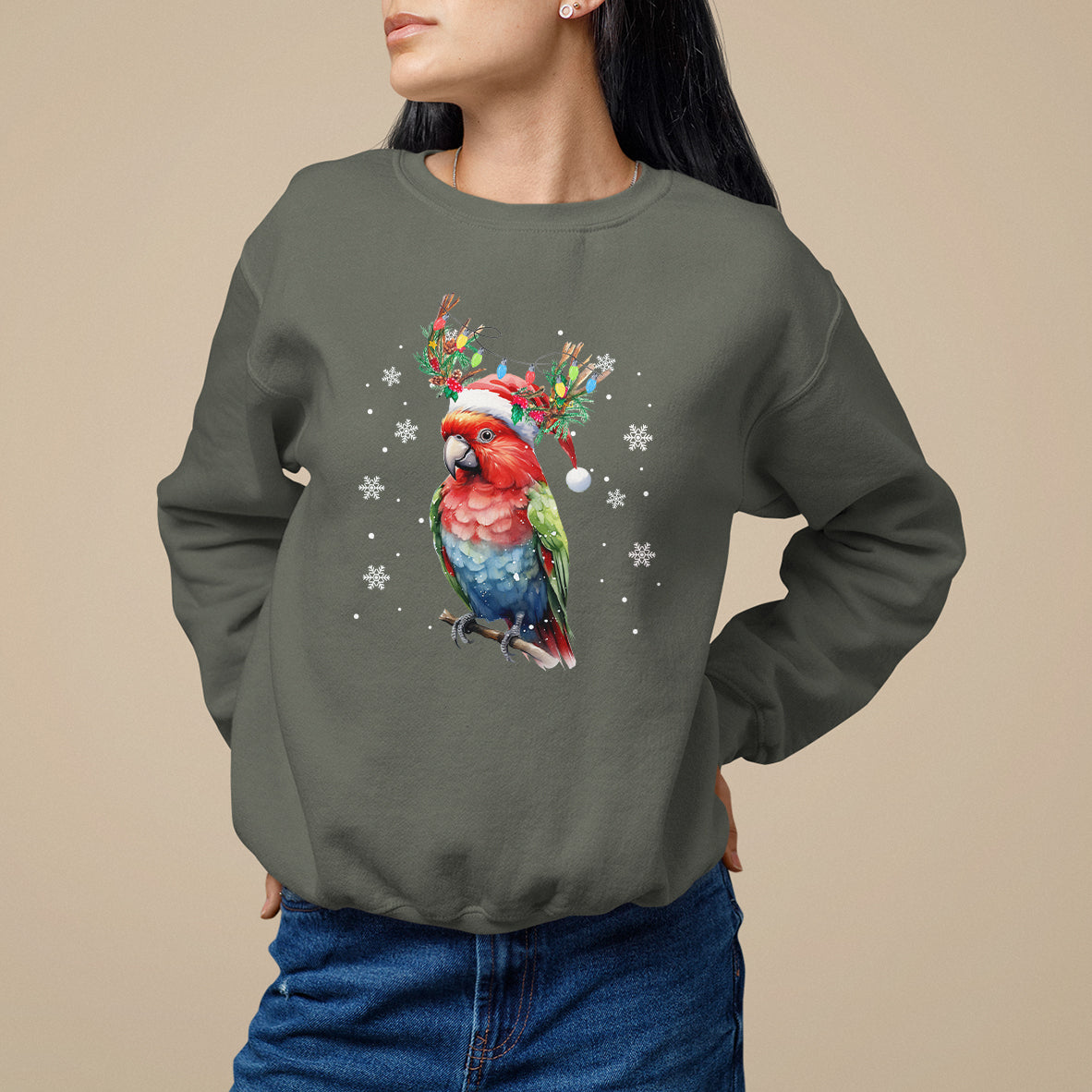 Christmas Sweatshirt Cute Parot Reindeer Santa Hat - Wonder Print Shop