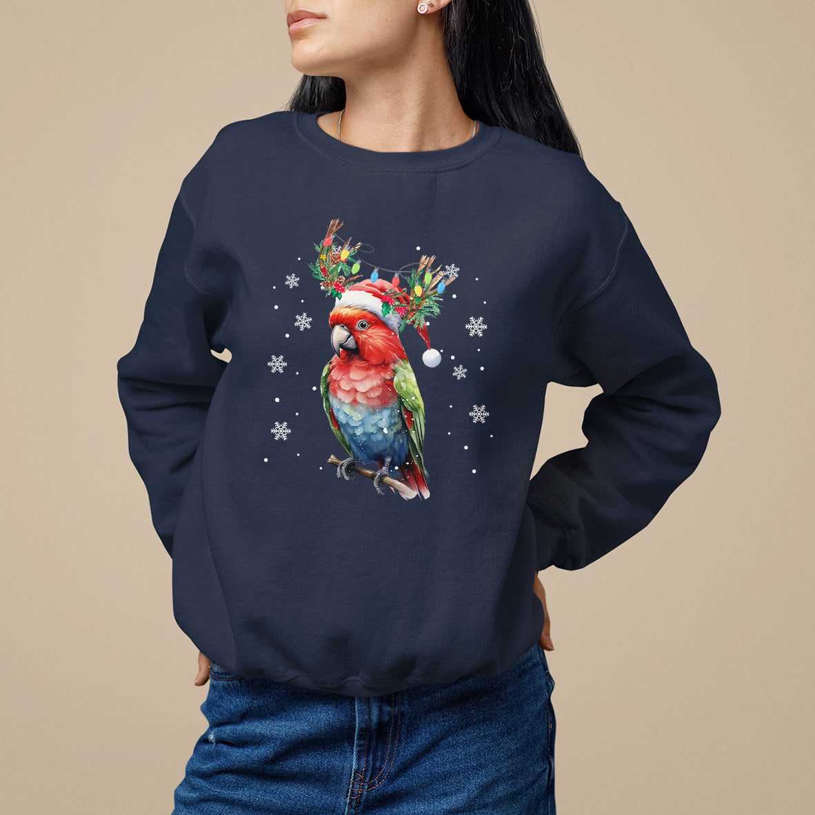 Christmas Sweatshirt Cute Parot Reindeer Santa Hat - Wonder Print Shop