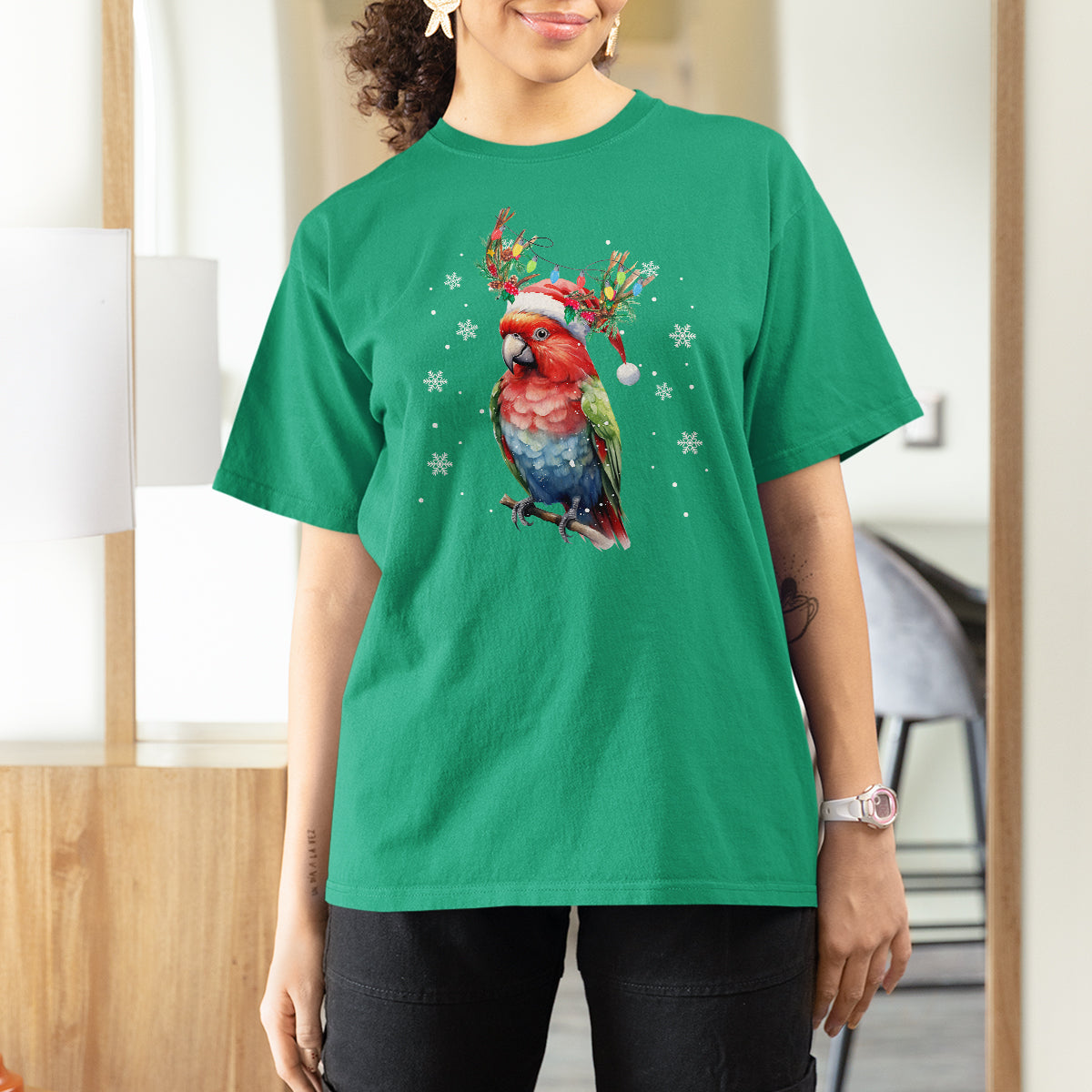 Christmas T Shirt For Women Cute Parot Reindeer Santa Hat - Wonder Print Shop