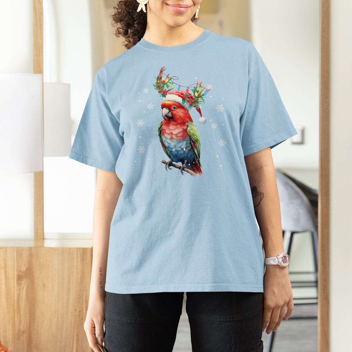 Christmas T Shirt For Women Cute Parot Reindeer Santa Hat - Wonder Print Shop