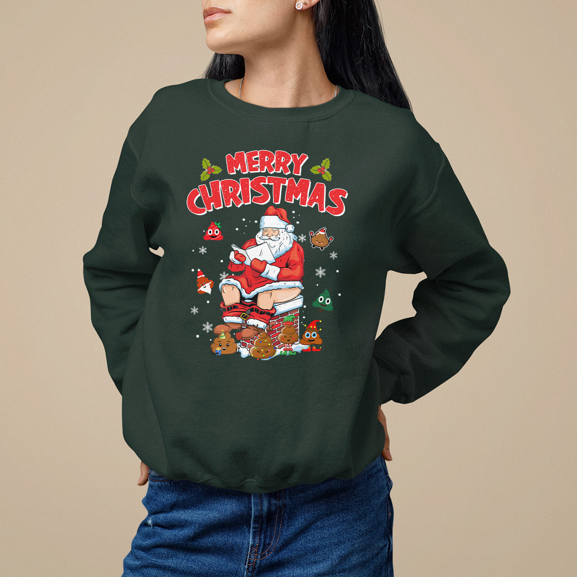 Christmas Sweatshirt Funny Santa Pooping Down The Chimney - Wonder Print Shop
