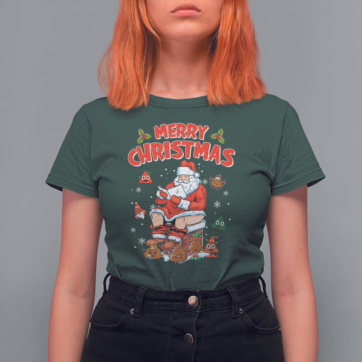 Christmas T Shirt For Women Funny Santa Pooping Down The Chimney - Wonder Print Shop