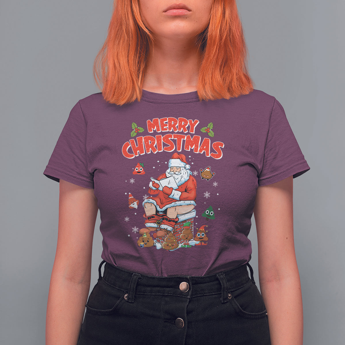 Christmas T Shirt For Women Funny Santa Pooping Down The Chimney - Wonder Print Shop