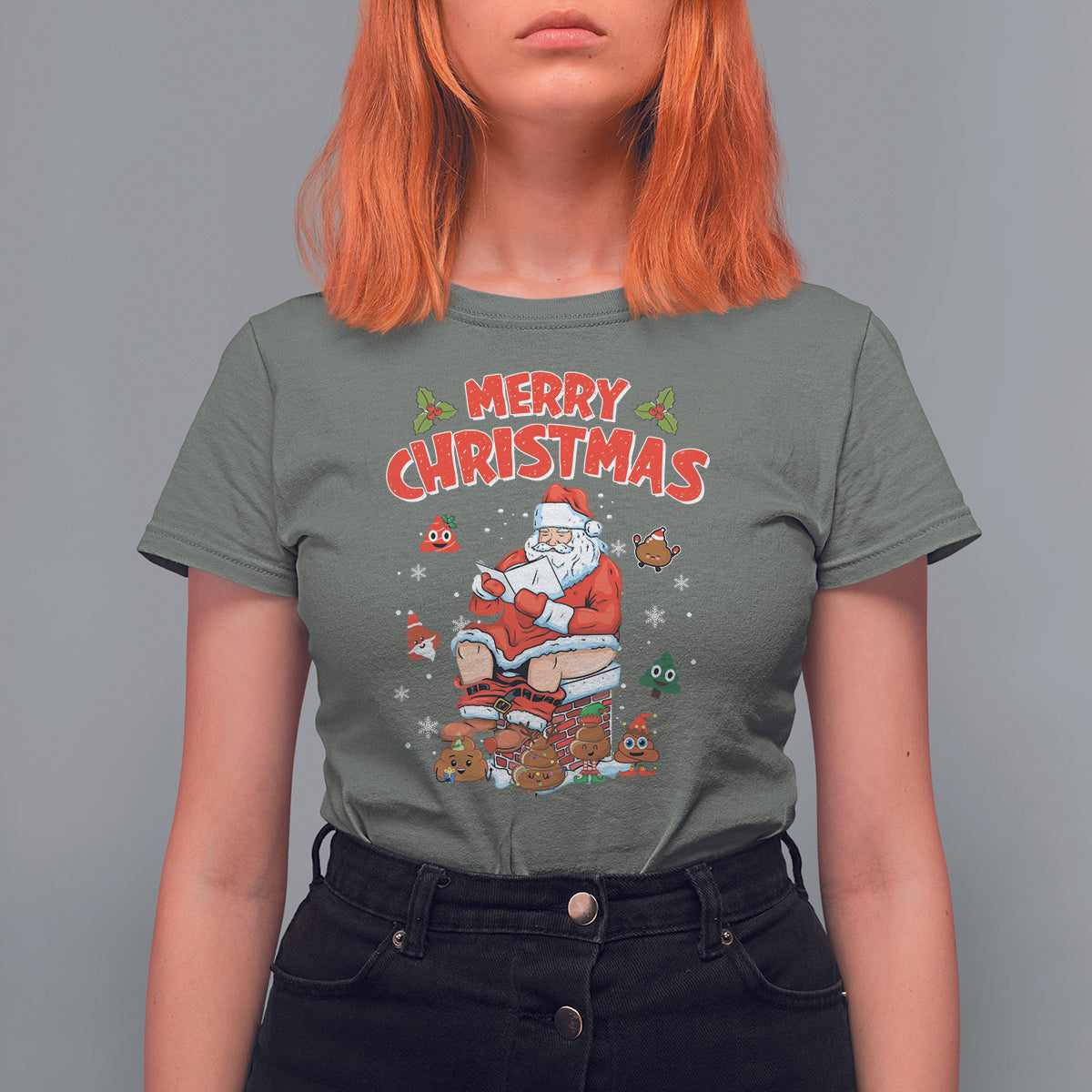 Christmas T Shirt For Women Funny Santa Pooping Down The Chimney - Wonder Print Shop