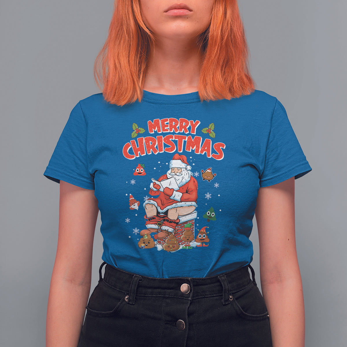 Christmas T Shirt For Women Funny Santa Pooping Down The Chimney - Wonder Print Shop