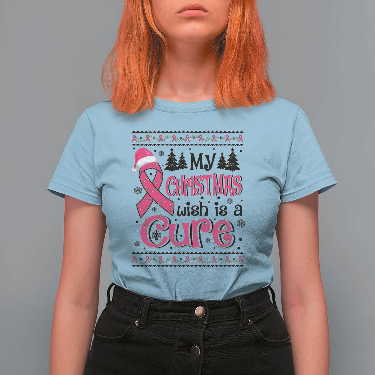 My Christmas Wish Is A Cure Breast Cancer T Shirt For Women - Wonder Print Shop