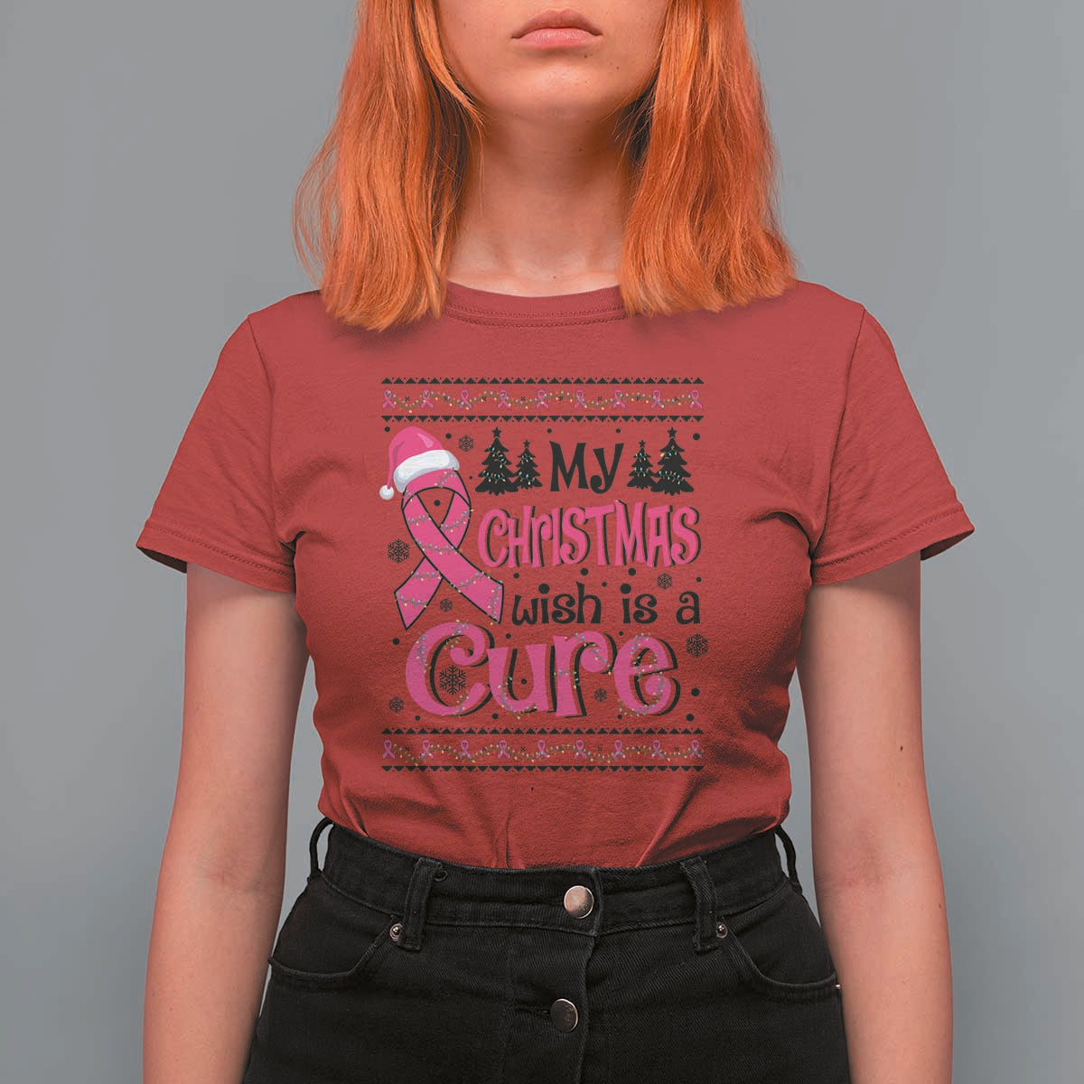 My Christmas Wish Is A Cure Breast Cancer T Shirt For Women - Wonder Print Shop