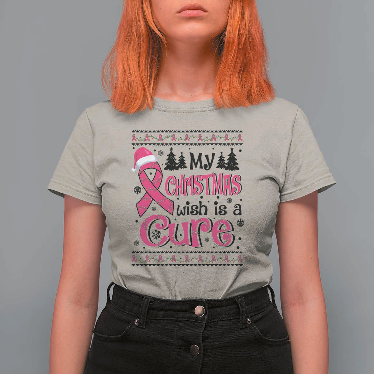 My Christmas Wish Is A Cure Breast Cancer T Shirt For Women - Wonder Print Shop