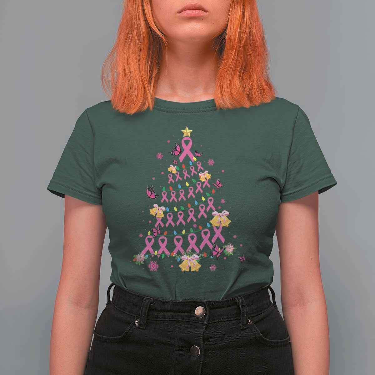 Christmas Breast Cancer T Shirt For Women Pink Ribbon Xmas Tree - Wonder Print Shop