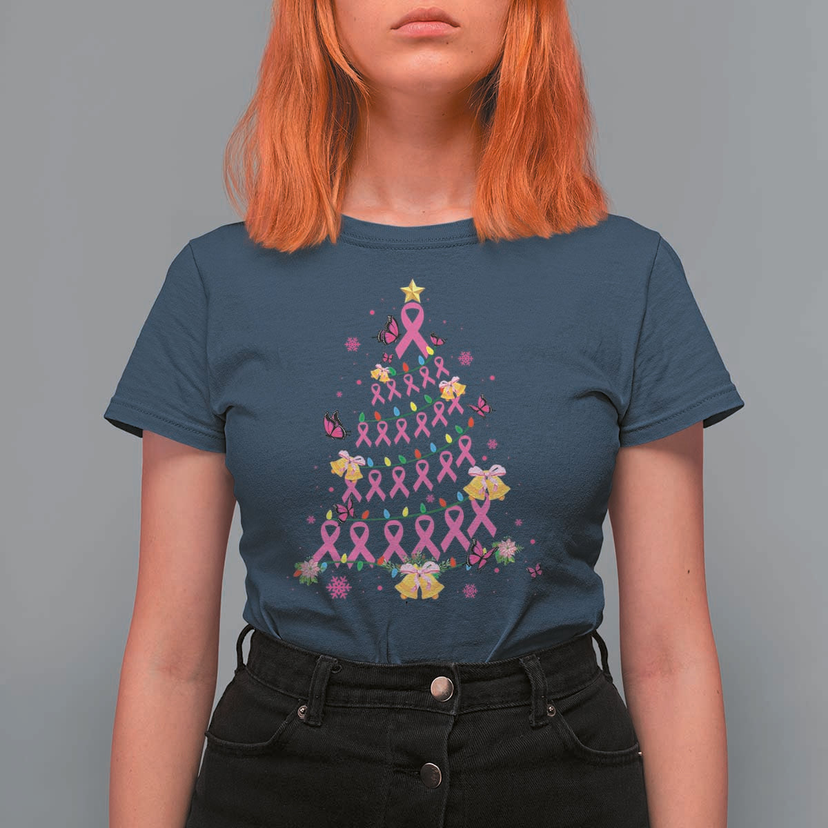 Christmas Breast Cancer T Shirt For Women Pink Ribbon Xmas Tree - Wonder Print Shop