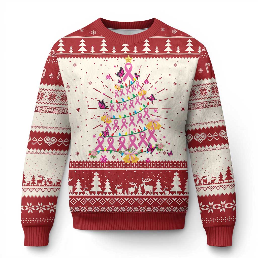 Christmas Breast Cancer Ugly Christmas Sweater Pink Ribbon Xmas Tree - Wonder Print Shop