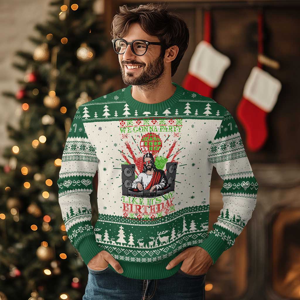 Funny Christmas Party DJ Jesus Ugly Christmas Sweater We Gonna Party Like It's My Birthday - Wonder Print Shop