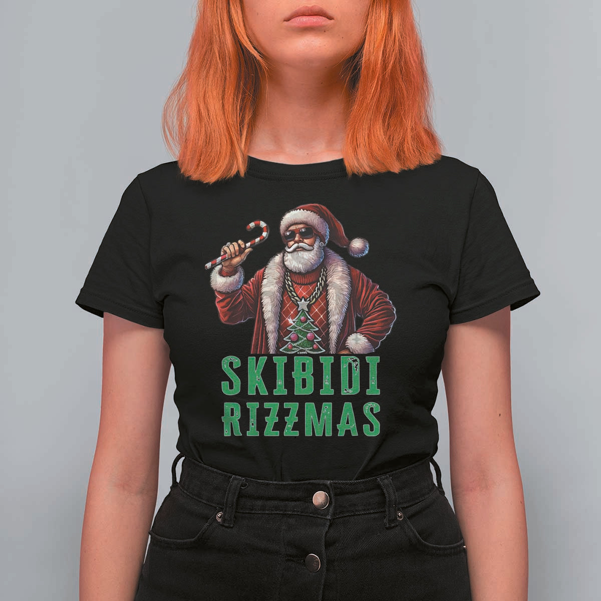 Funny Xmas T Shirt For Women Skibidi Rizzmas Cool Santa Gangsta - Wonder Print Shop