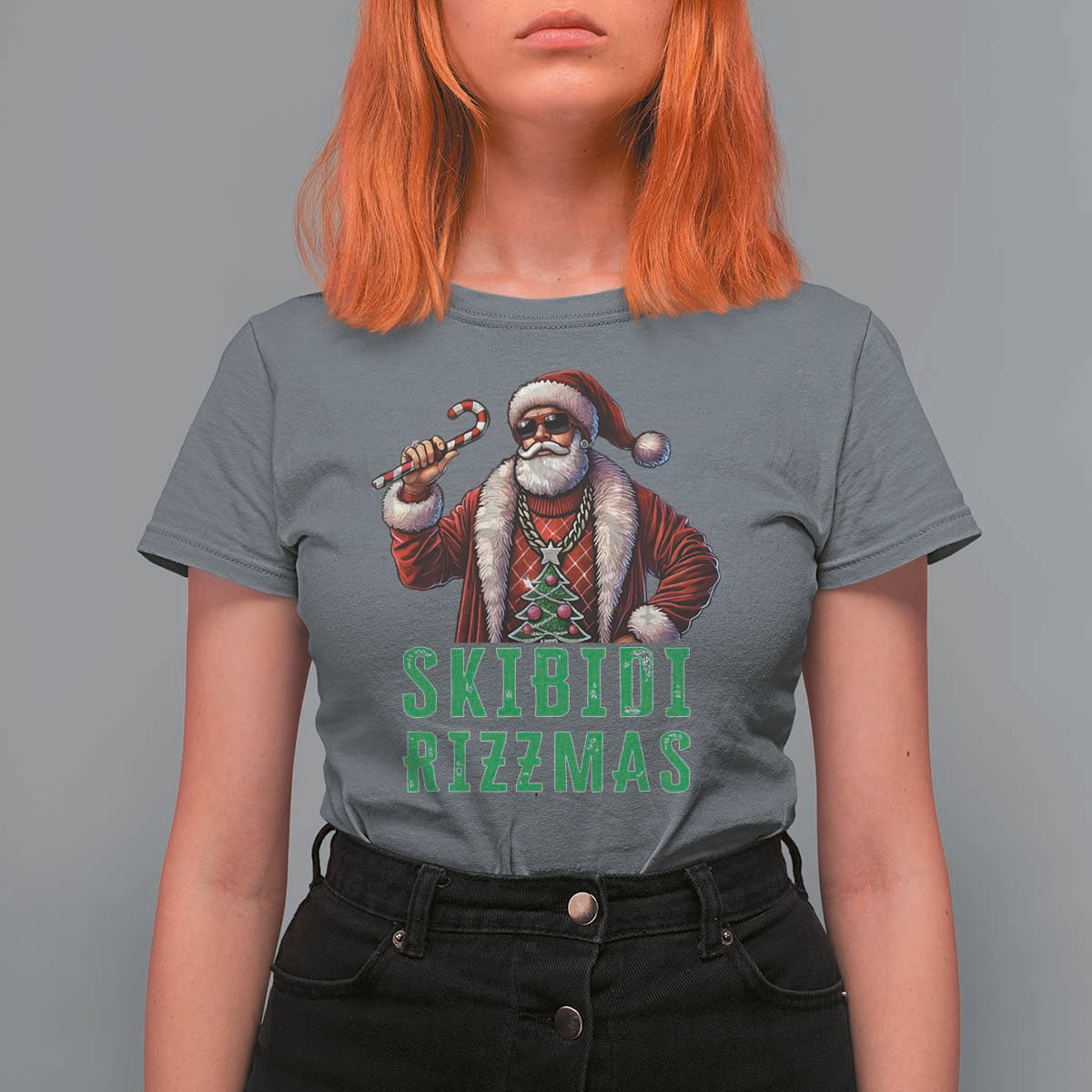 Funny Xmas T Shirt For Women Skibidi Rizzmas Cool Santa Gangsta - Wonder Print Shop