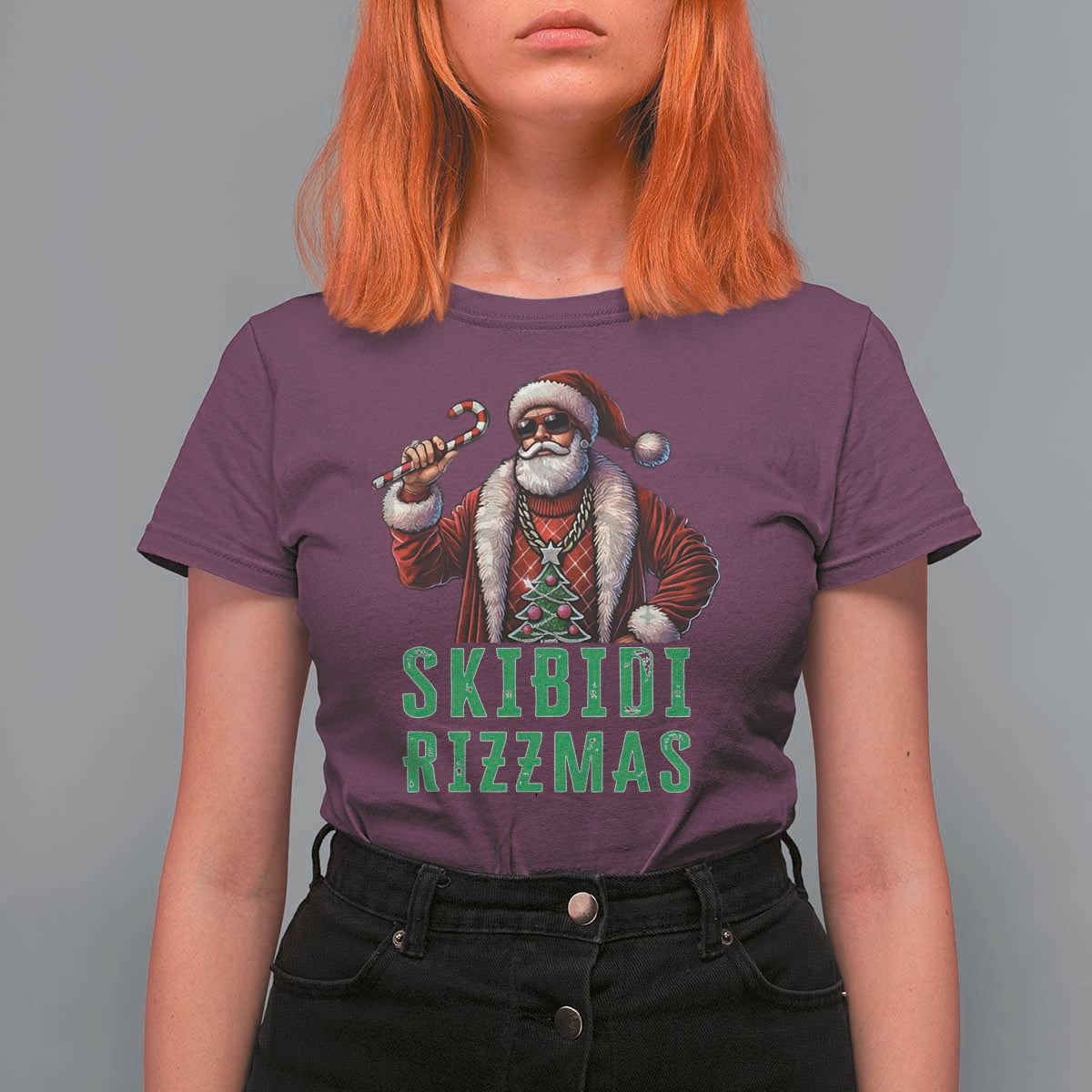 Funny Xmas T Shirt For Women Skibidi Rizzmas Cool Santa Gangsta - Wonder Print Shop