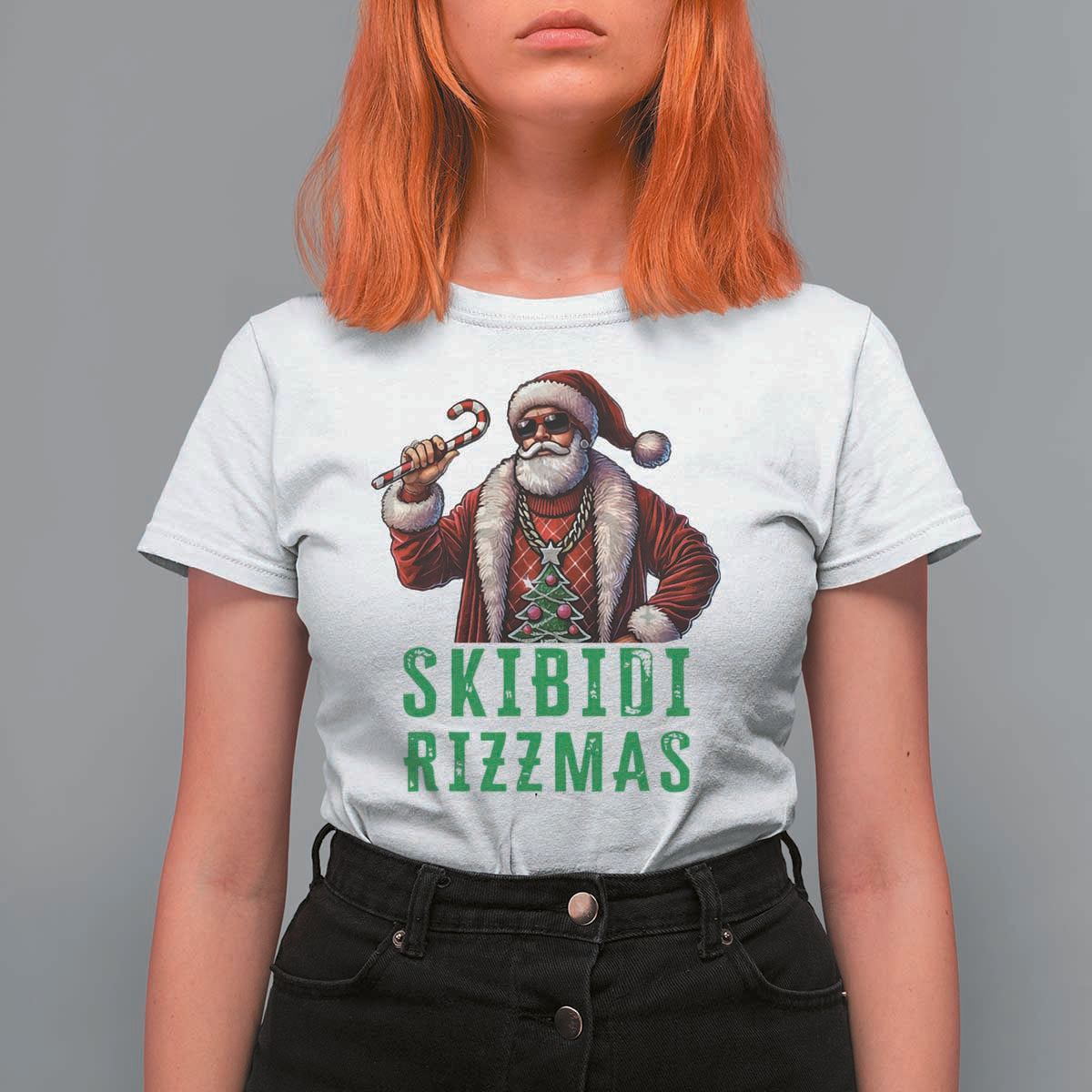 Funny Xmas T Shirt For Women Skibidi Rizzmas Cool Santa Gangsta - Wonder Print Shop