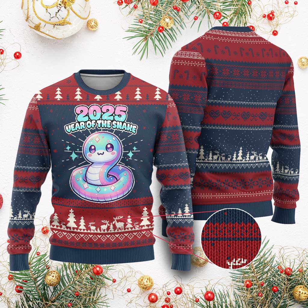 Year Of The Snake 2025 Ugly Christmas Sweater Cute Snake Happy New Year - Wonder Print Shop