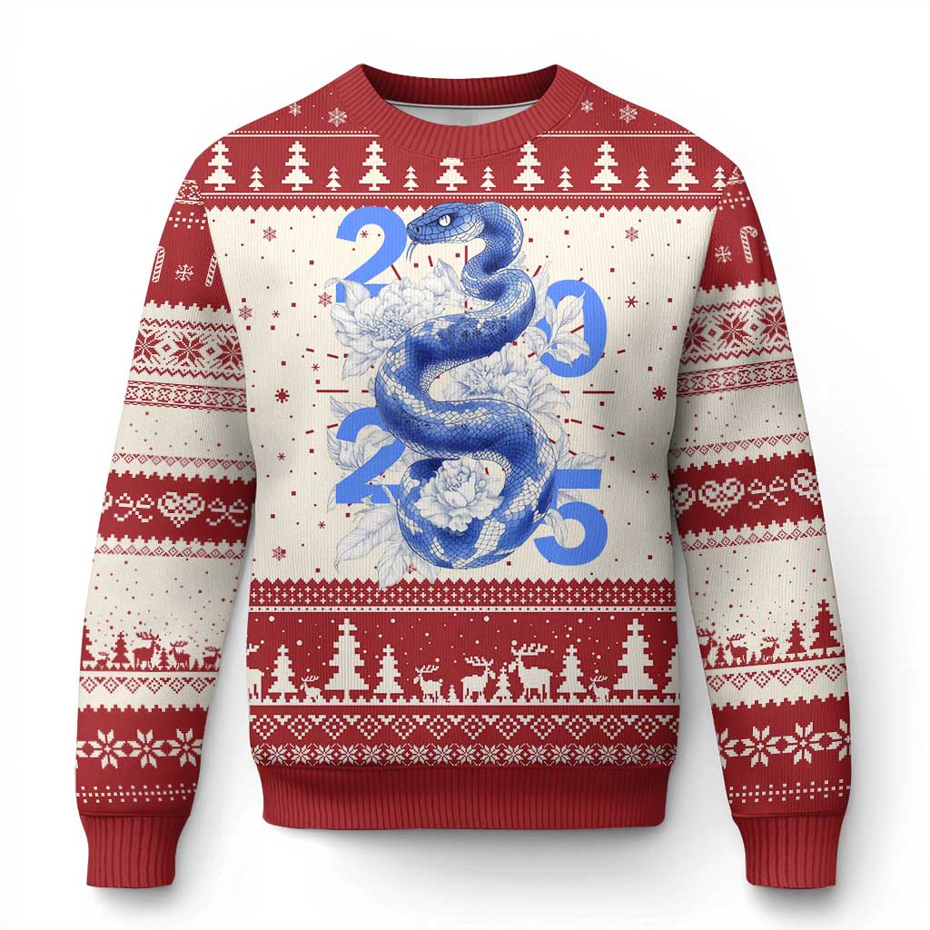 Year Of The Snake 2025 Ugly Christmas Sweater Chinese New Year Blue Snake - Wonder Print Shop