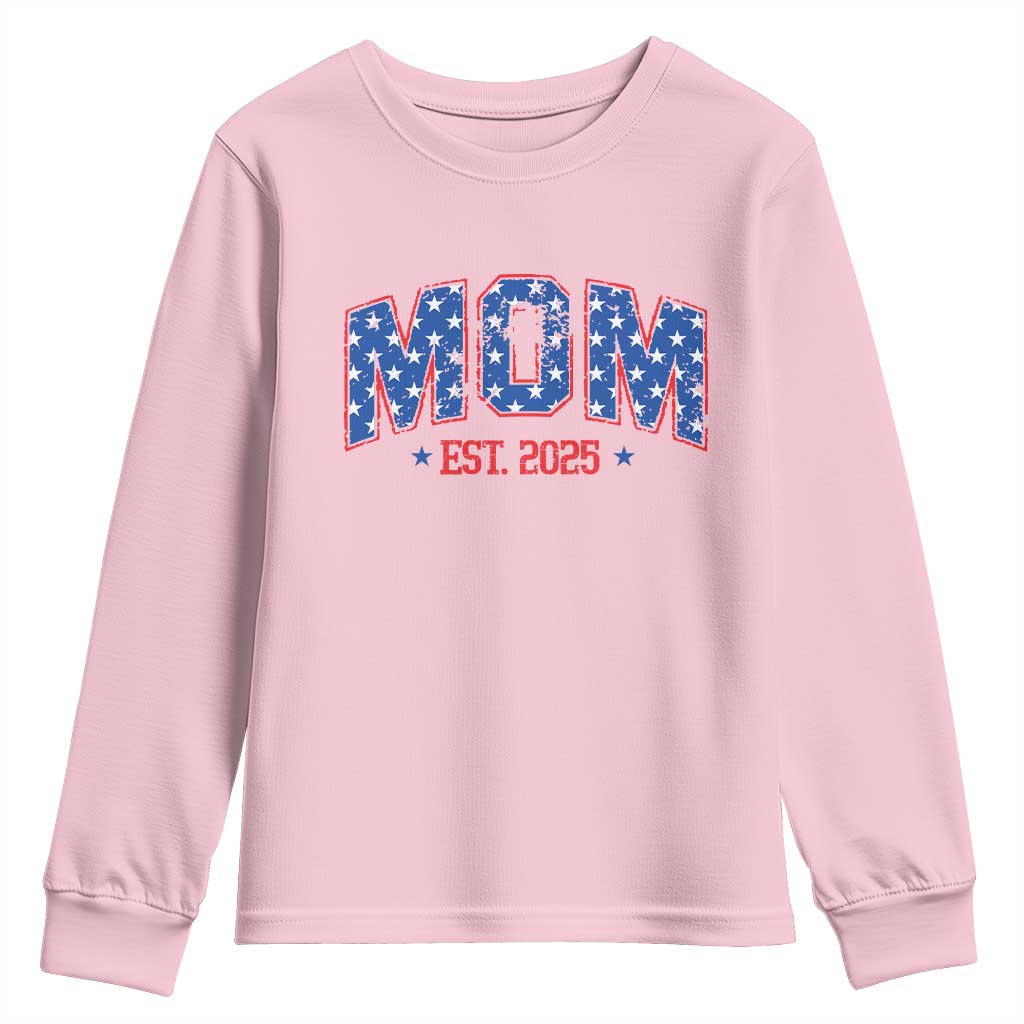 Mom Est 2025 Youth Sweatshirt Patriotic America Flag New Mother