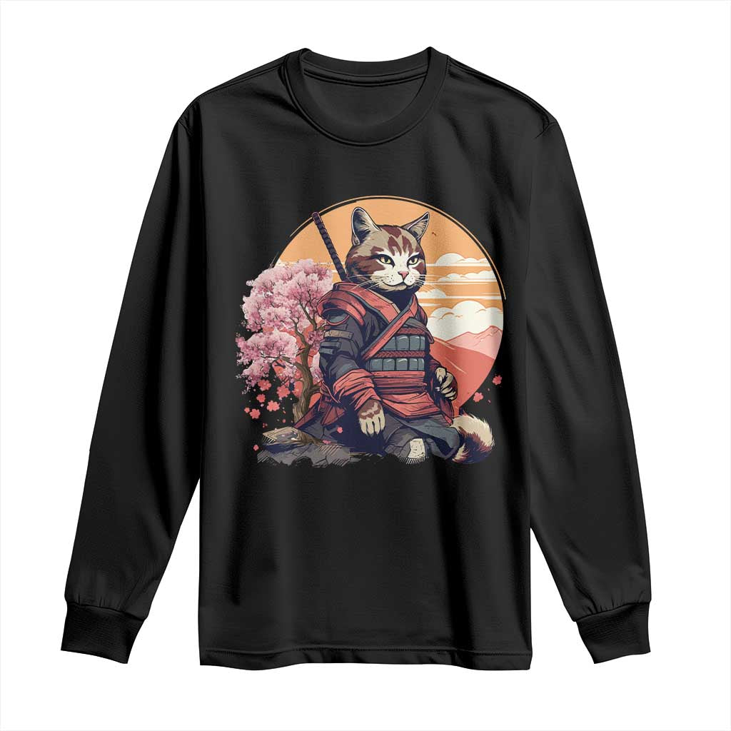 Japanese Samurai Cat Long Sleeve Shirt Floral Warrior Geisha Woman Tokyo Anime