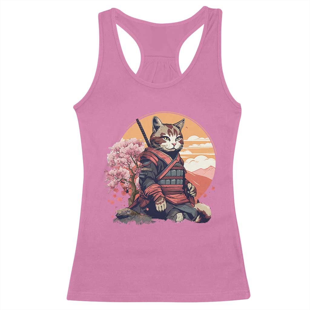 Japanese Samurai Cat Racerback Tank Top Floral Warrior Geisha Woman Tokyo Anime