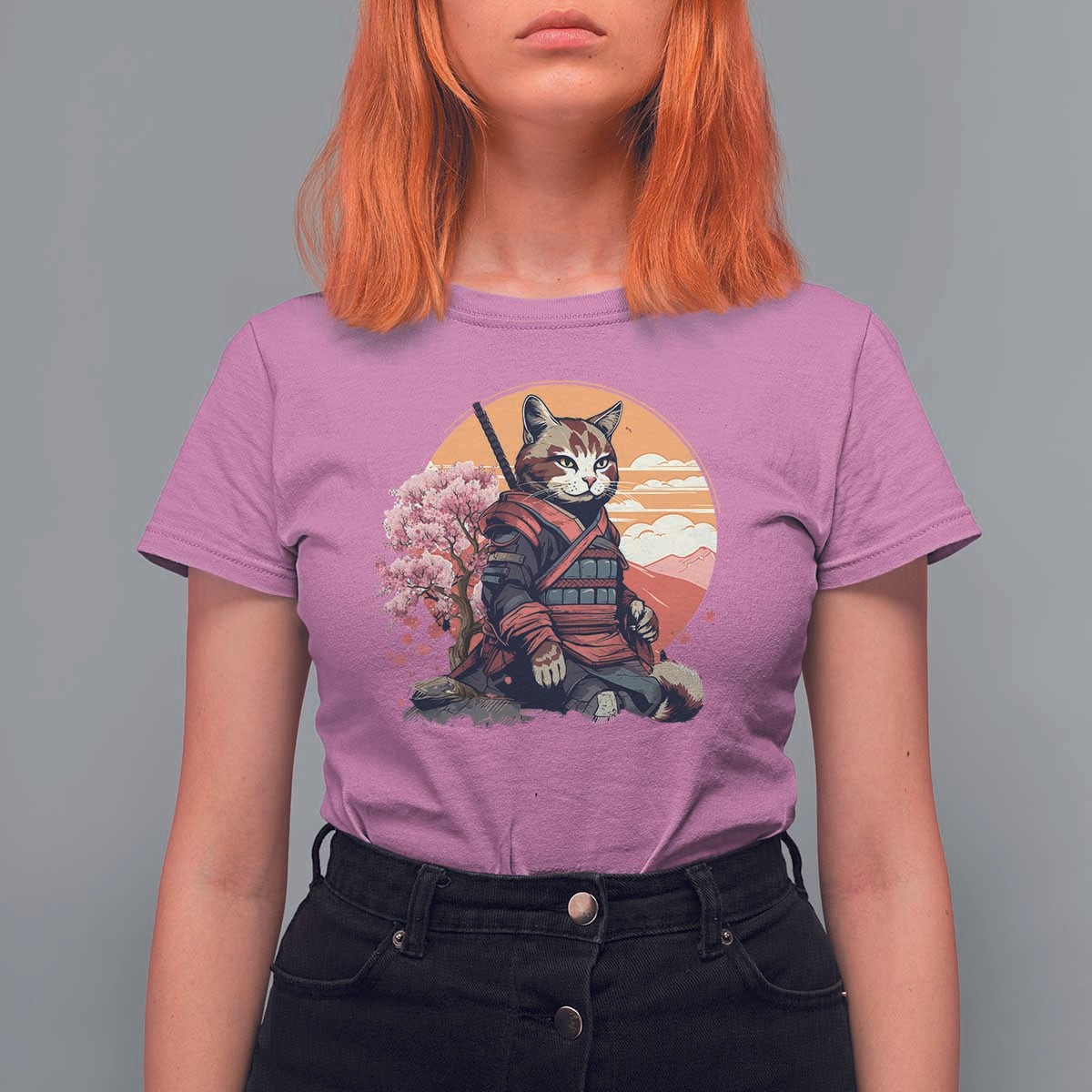 Japanese Samurai Cat T Shirt For Women Floral Warrior Geisha Woman Tokyo Anime - Wonder Print Shop