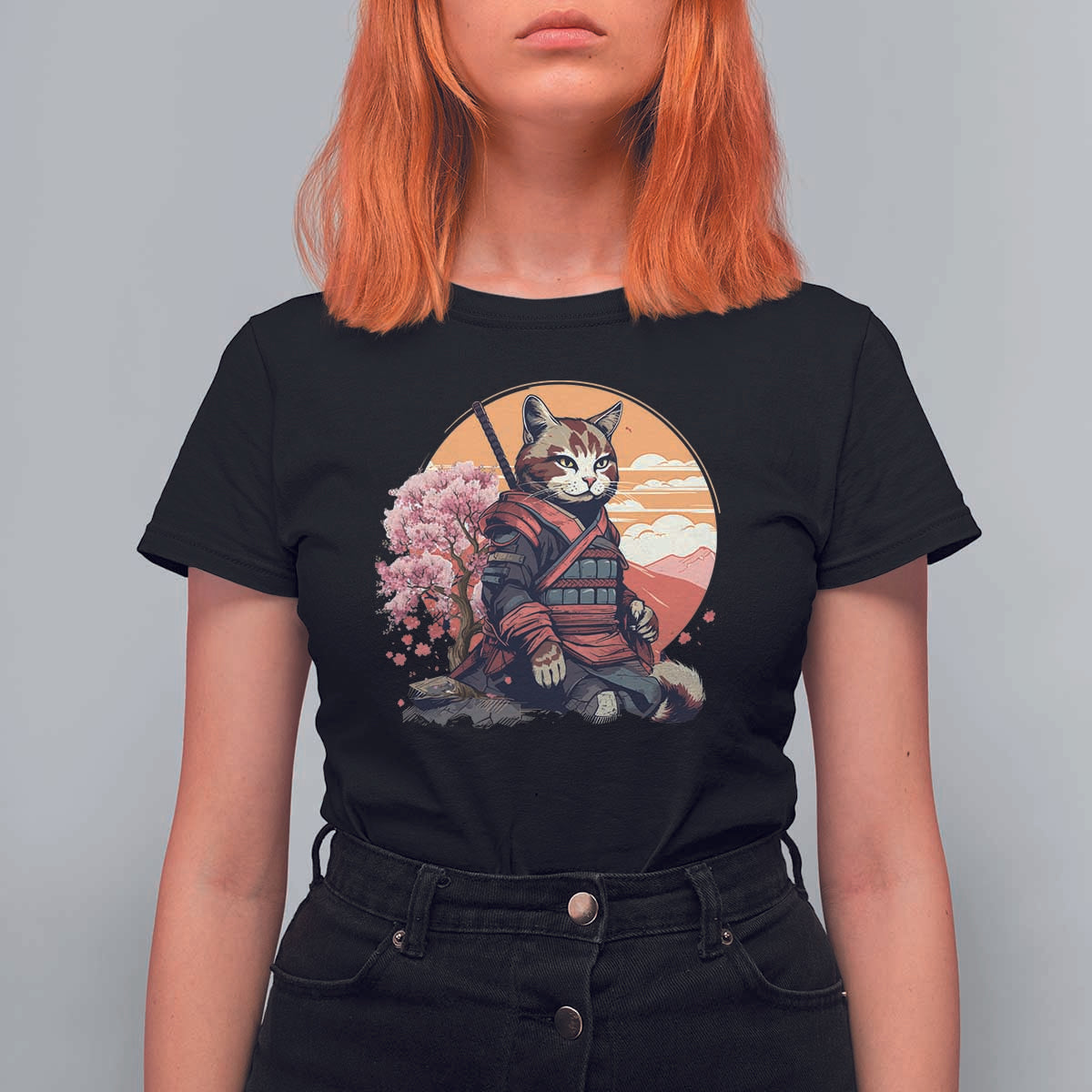 Japanese Samurai Cat T Shirt For Women Floral Warrior Geisha Woman Tokyo Anime - Wonder Print Shop