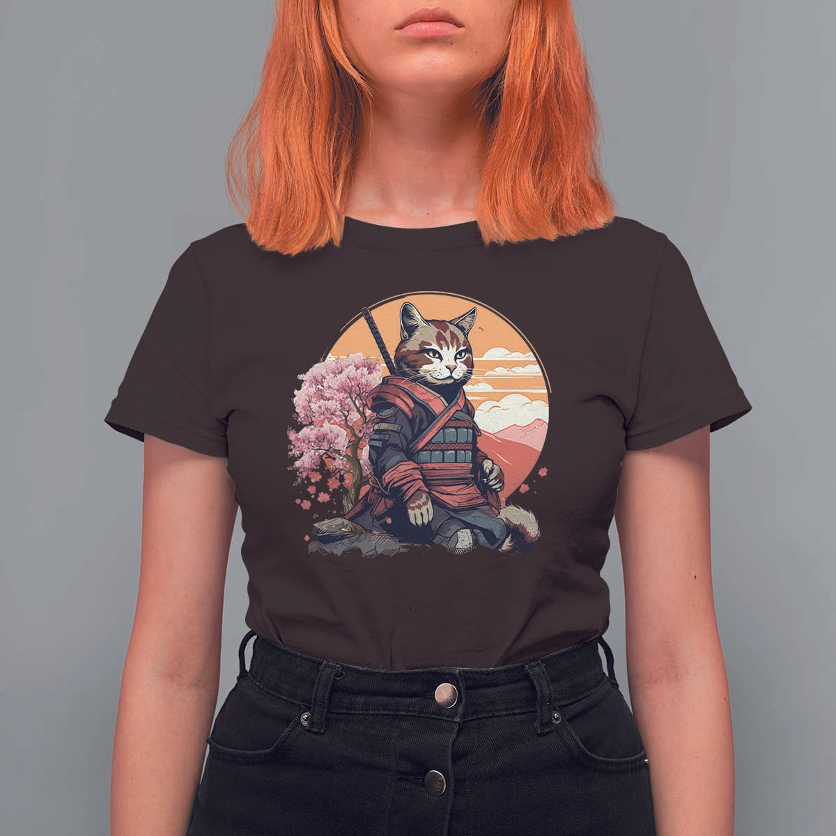 Japanese Samurai Cat T Shirt For Women Floral Warrior Geisha Woman Tokyo Anime - Wonder Print Shop