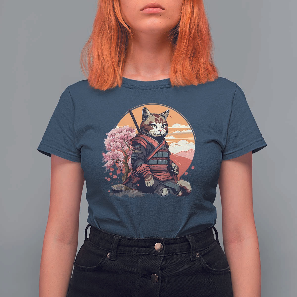 Japanese Samurai Cat T Shirt For Women Floral Warrior Geisha Woman Tokyo Anime - Wonder Print Shop