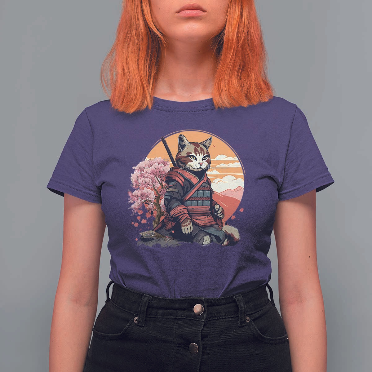 Japanese Samurai Cat T Shirt For Women Floral Warrior Geisha Woman Tokyo Anime - Wonder Print Shop