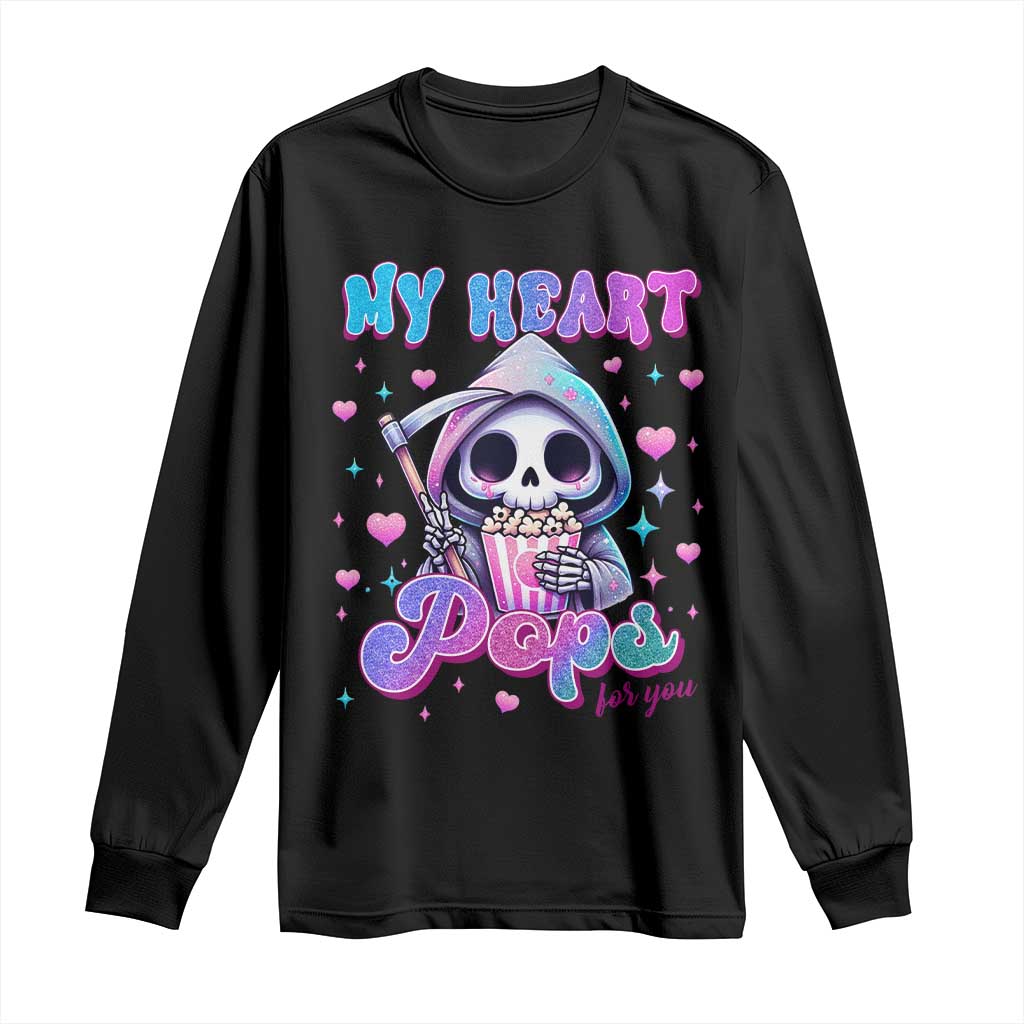 Funny Valentine's Day Long Sleeve Shirt My Heart Pops For You Cute Death Grim Popcorn