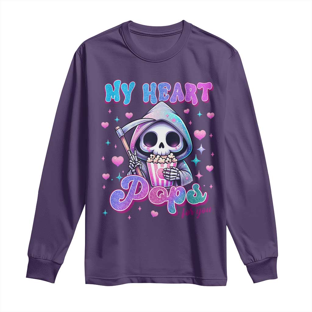 Funny Valentine's Day Long Sleeve Shirt My Heart Pops For You Cute Death Grim Popcorn