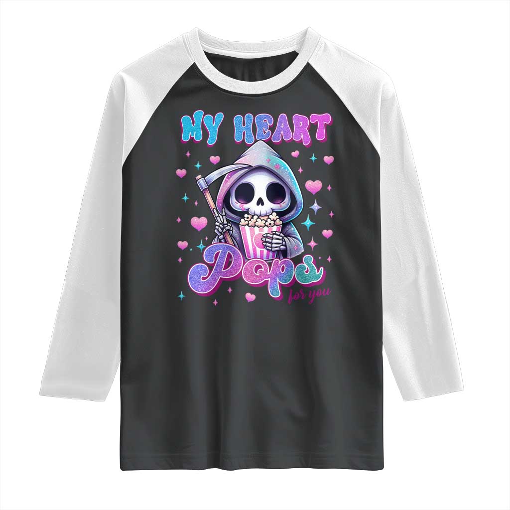 Funny Valentine's Day Raglan Shirt My Heart Pops For You Cute Death Grim Popcorn